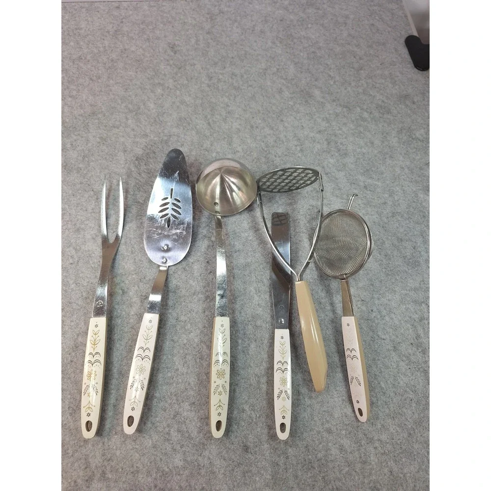 Vintage Ekco Flint Kitchen Utensil Set 6pc Stainless Steel Floral Handles USA